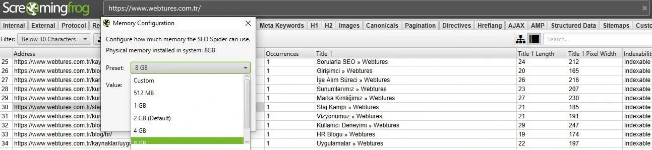 Screaming Frog Memory Configuration