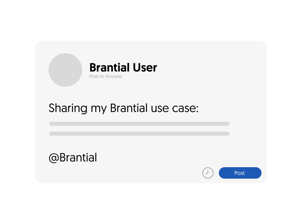 LinkedIn post composer showing a Brantial use case post draft and tagging @Brantial.