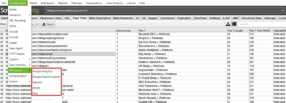 screaming frog api baglantısı