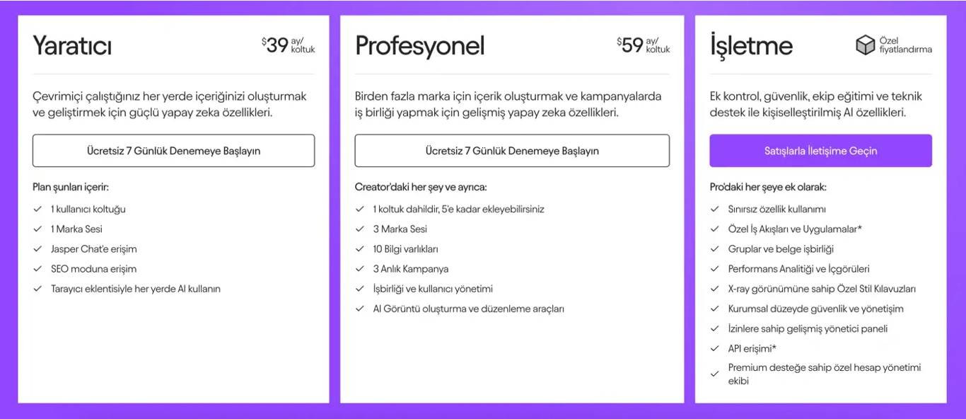 jasper ai fiyatlandırma
