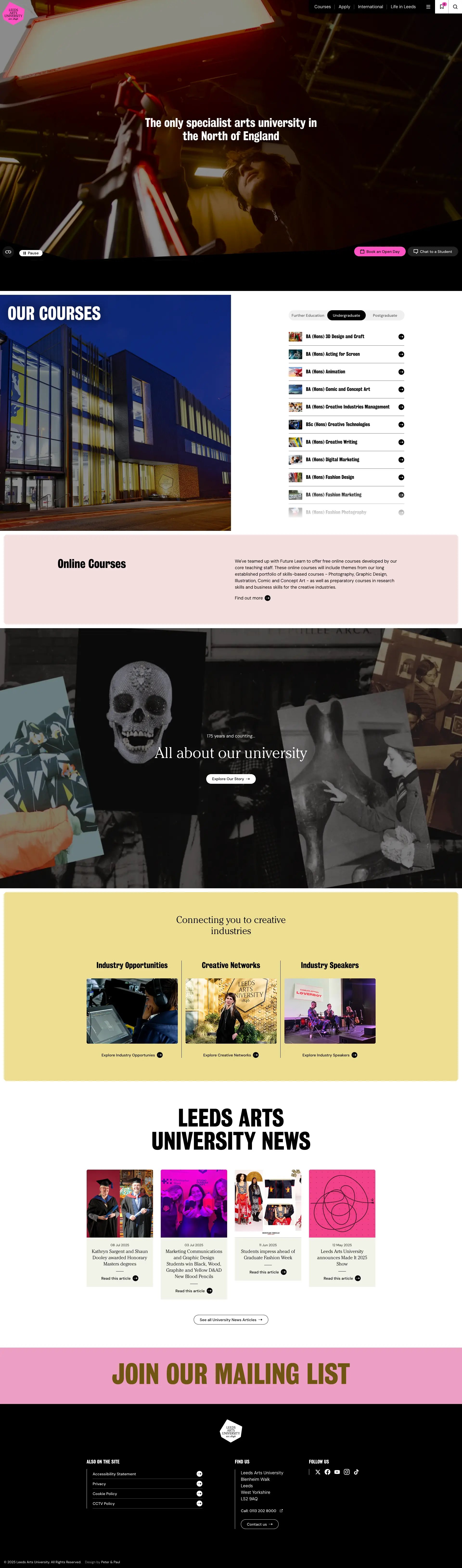 Screenshot of Leeds Arts University website