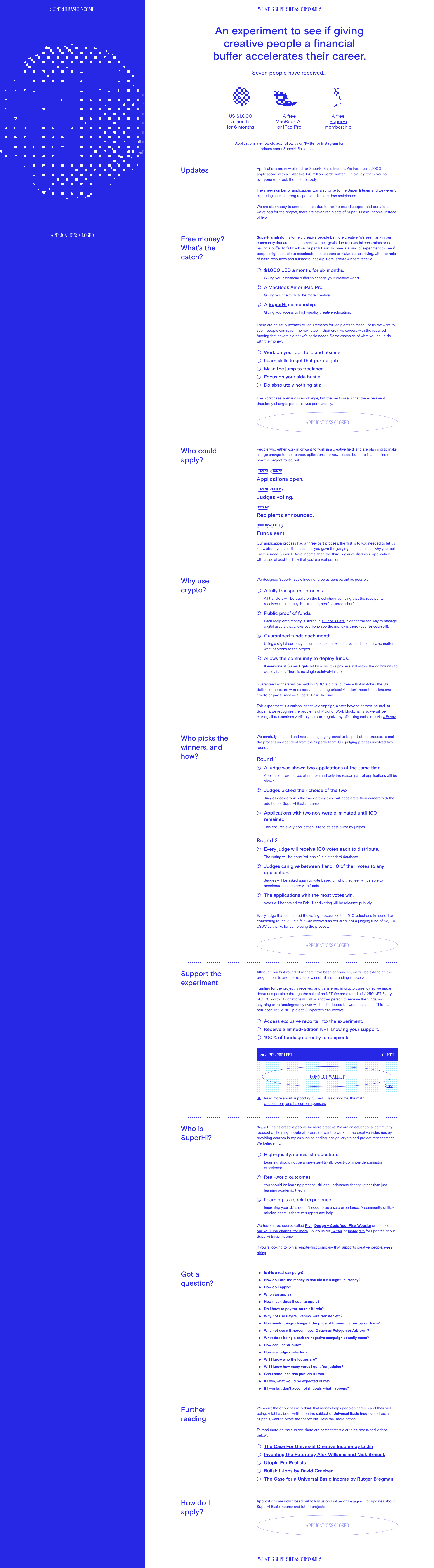 Screenshot of SuperHi Basic Income website