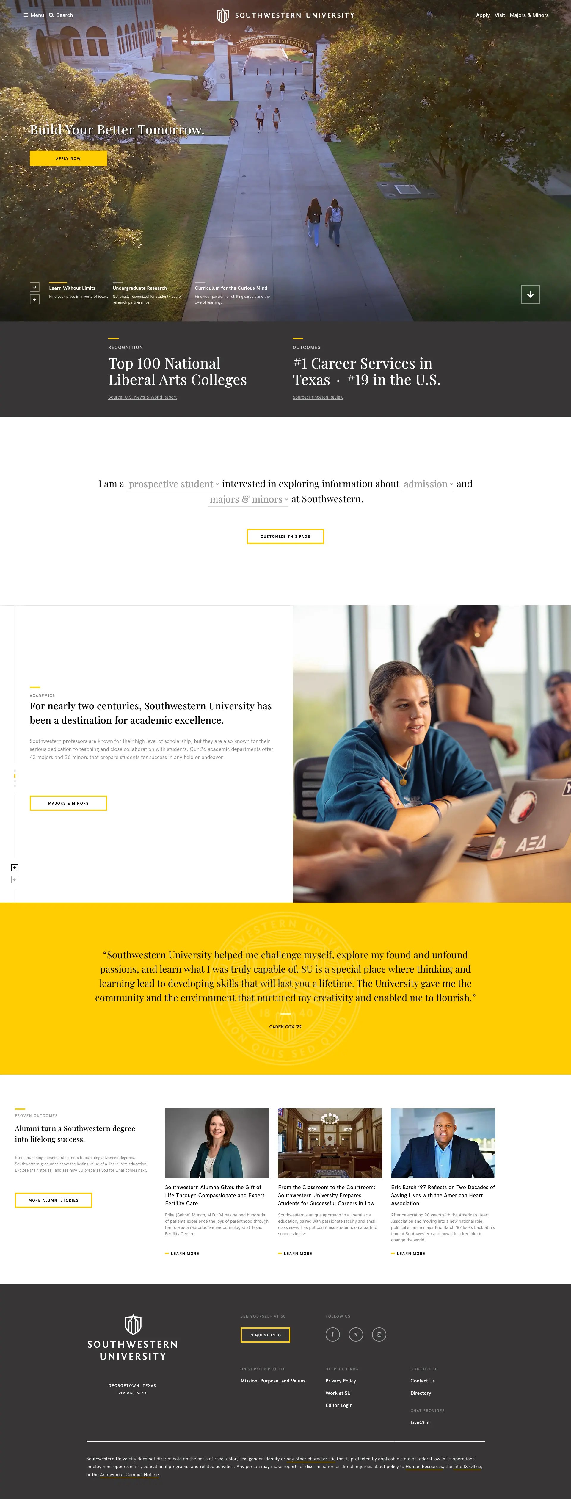 Screenshot of Soutwestern University website