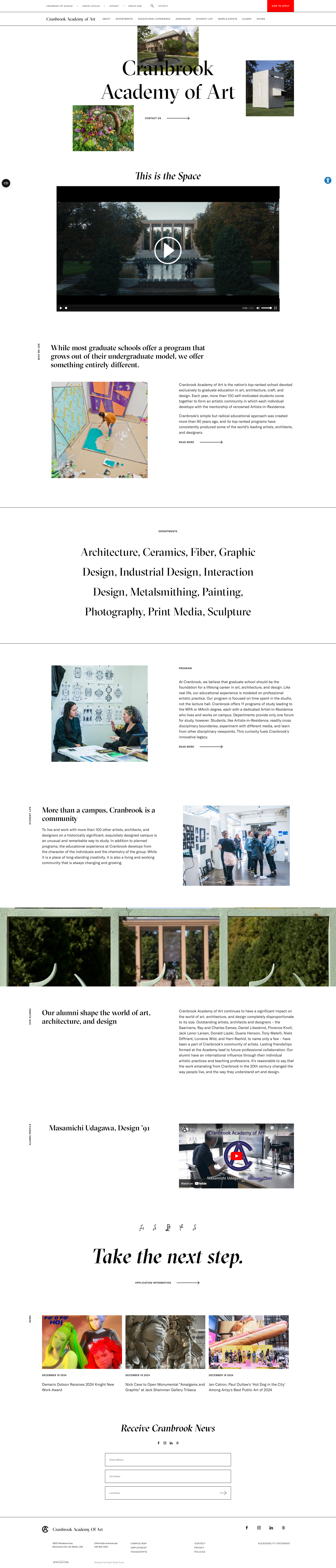 Screenshot of Cranbrook Academy of Art website