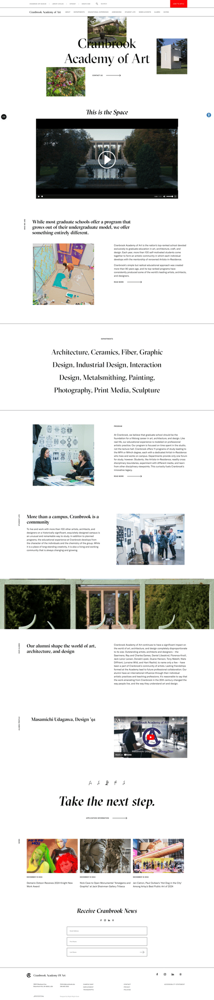 Screenshot of Cranbrook Academy of Art website