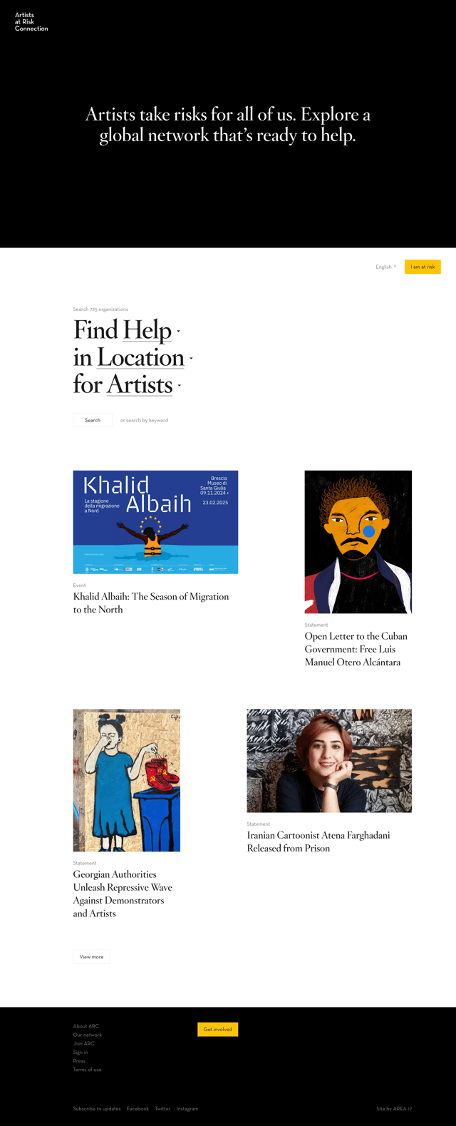 Screenshot of Artists at Risk Connection website