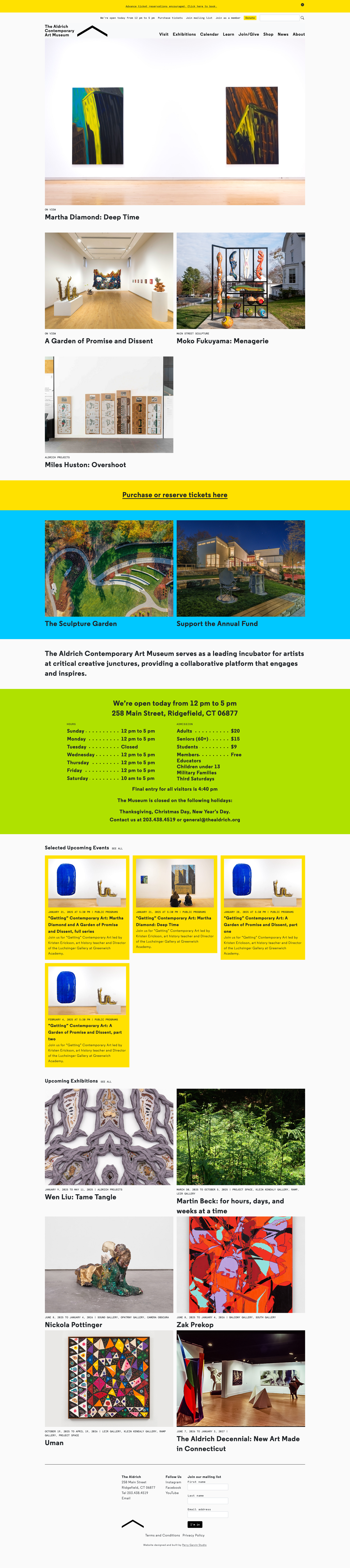 Screenshot of The Aldrich Contemporary Art Museum website