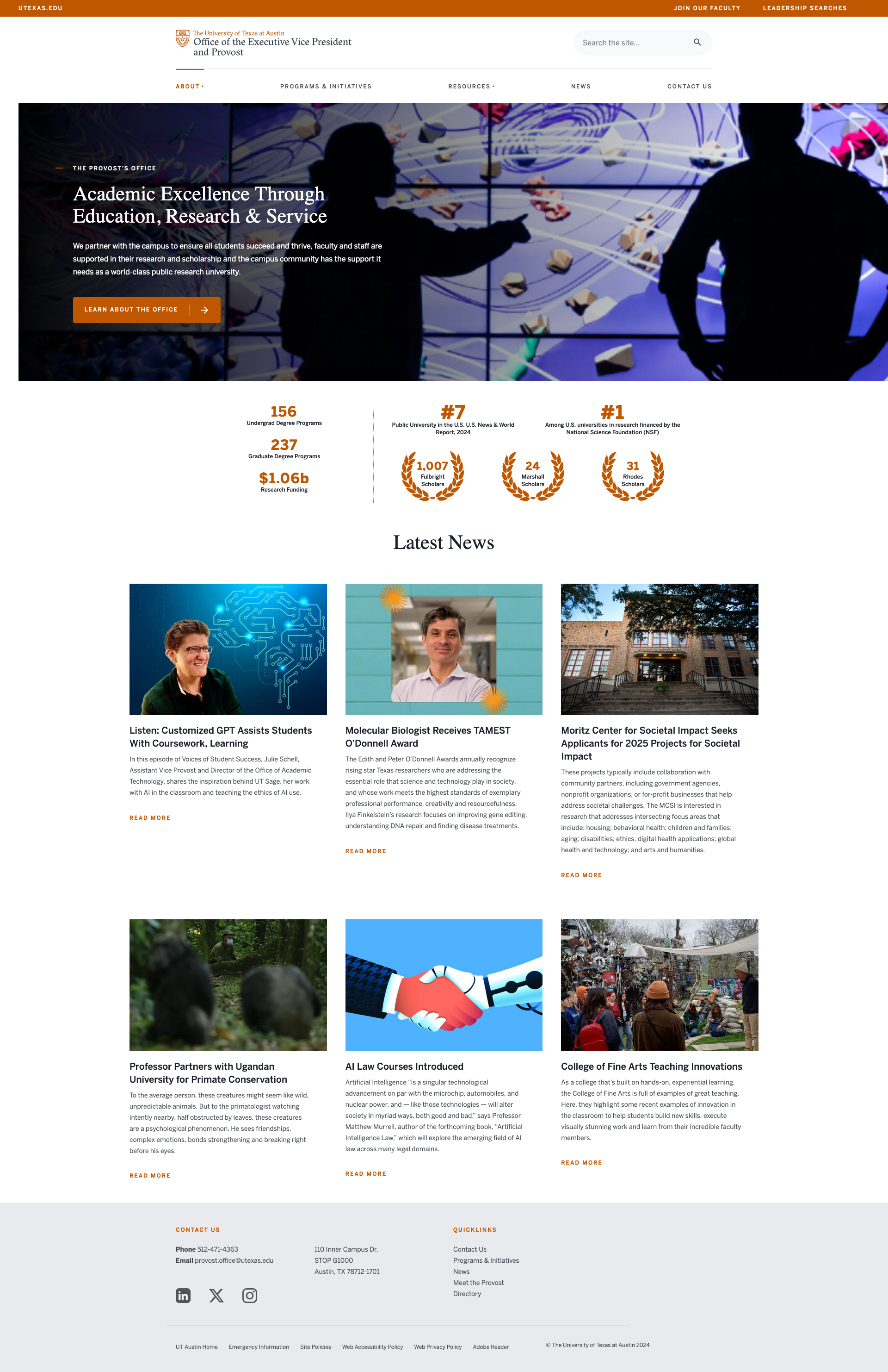 Screenshot of UTexas Office of the Provost website