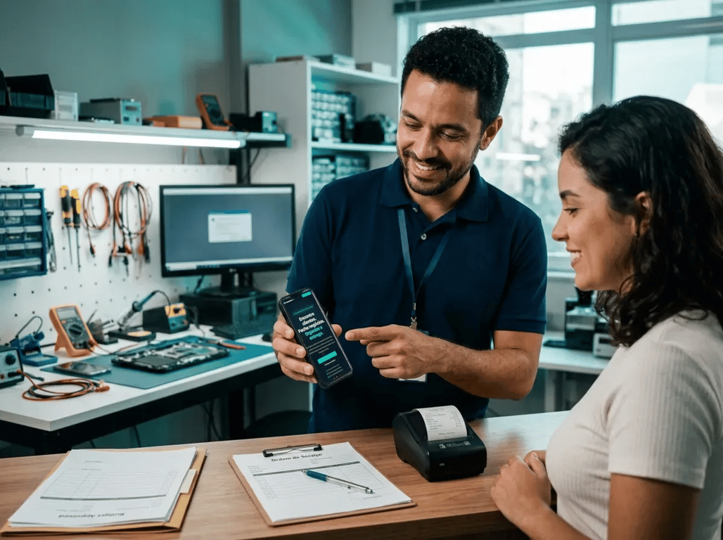 Técnico acompanhando uma ordem de serviço pelo celular