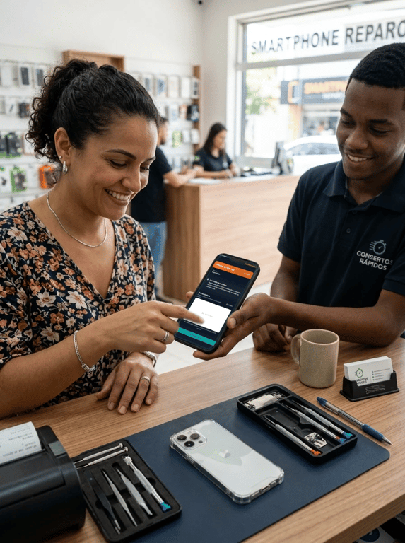 Cliente assinando a retirada do celular consertado