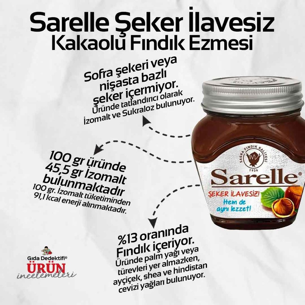 Sarelle Şeker İlavesiz Kakaolu Fındık Ezmesi - Gıda Dedektifi