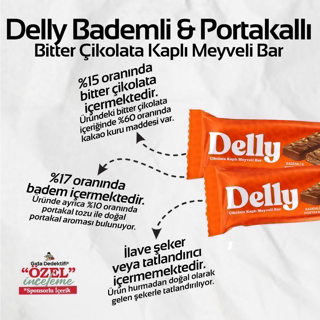 Delly Çikolata Kaplı Bademli ve Portakallı Meyveli Bar