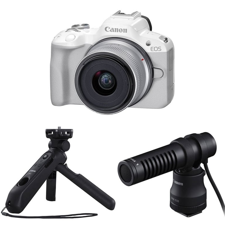Máy ảnh Canon EOS R50 Kit (Trắng) + Microphone Canon DM-E100 + Báng tay cầm Canon HG-100TBR