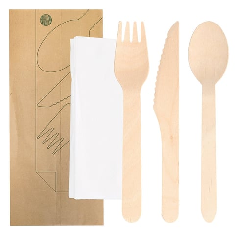 SET 4/1 POSATE + TOVAGLIOLO WOOD 'MAKAN'  16 CM NATURALE LEGNO (100 UNITÀ)