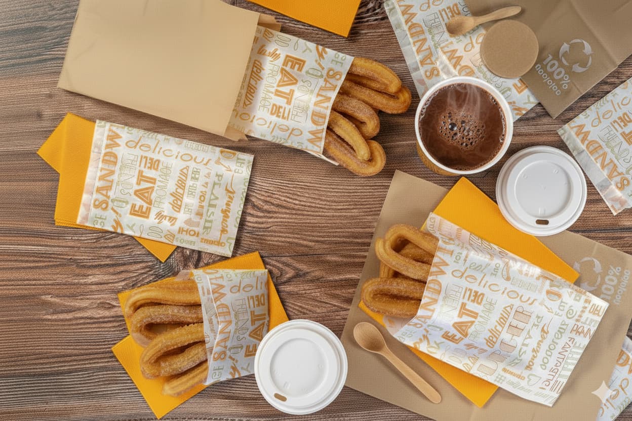 Sacchetti per churros con cioccolata da asporto sul bancone