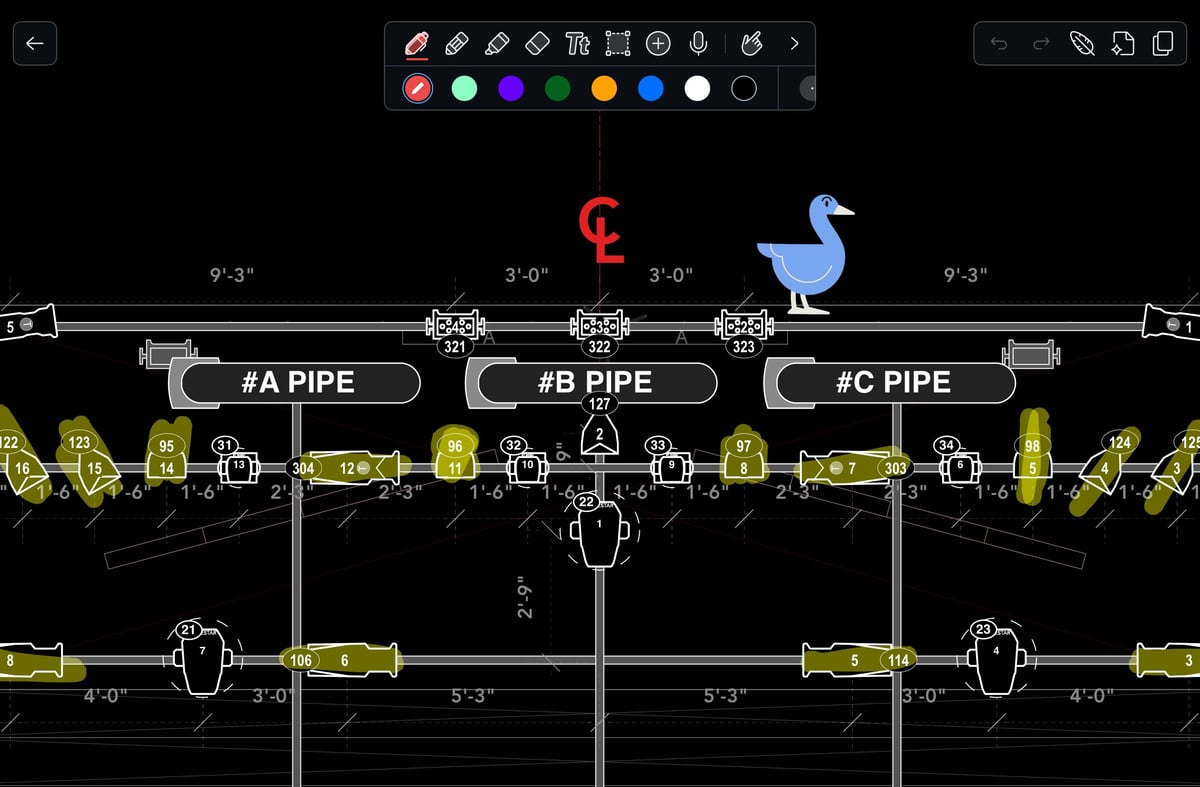 The annotated lighting plot on an iPad, marked up by pipe.
