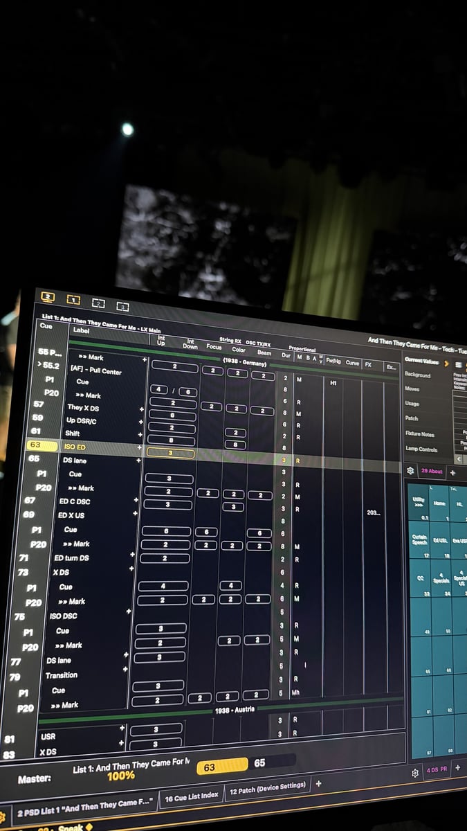 The Eos cue list on the tech monitor with green light on the set behind.