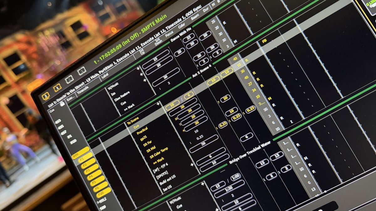 An ETC Eos console screen showing the cue list, with timecode-synced cues for the show.