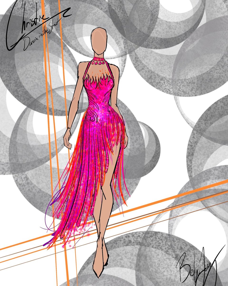 Dancin' In The Street costume rendering: a magenta fringe dress sketch for the production.