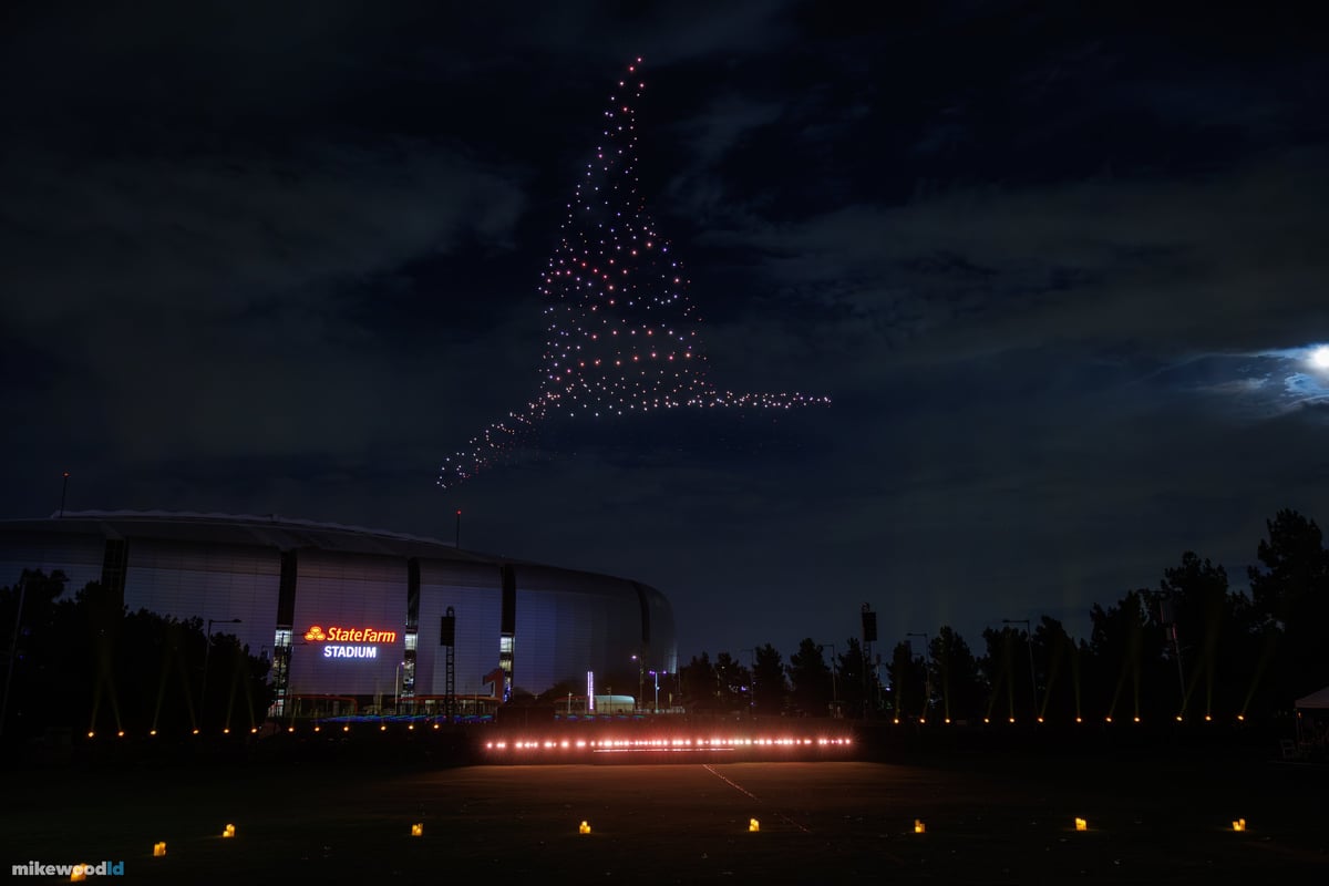 I AM LORD VOLDEMORT spelled out in red drones above the stadium with matching red ground wash.