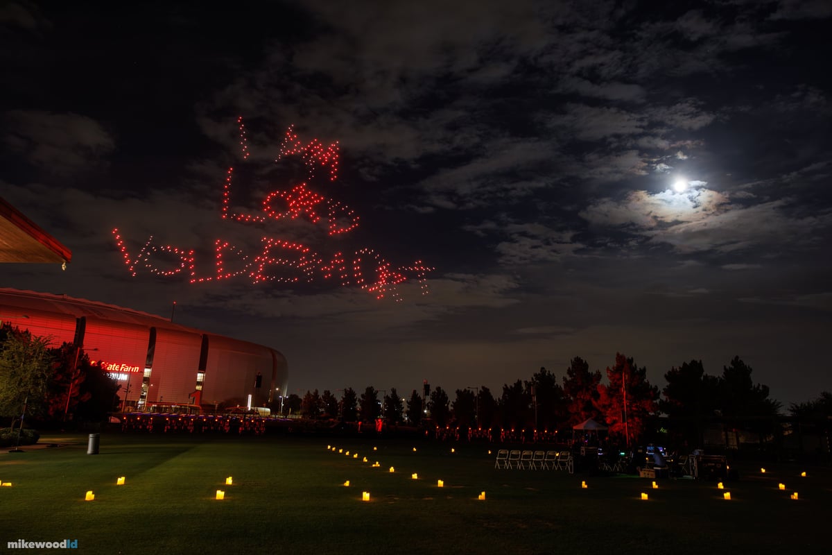 Wizard's hat drone formation traced in red against a deep night sky.
