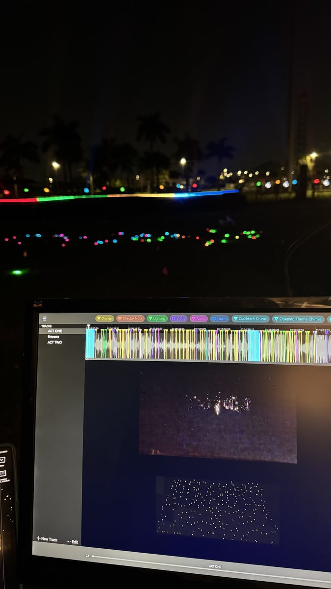 Drone-show software at the outdoor tech table, the swarm lit green over the field.
