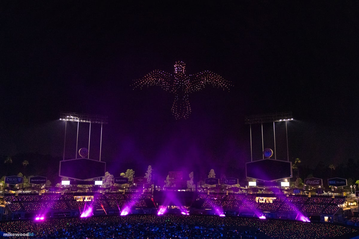 A phoenix with outstretched wings rendered in red and purple drones above the field, purple haze and uplight filling the stage.