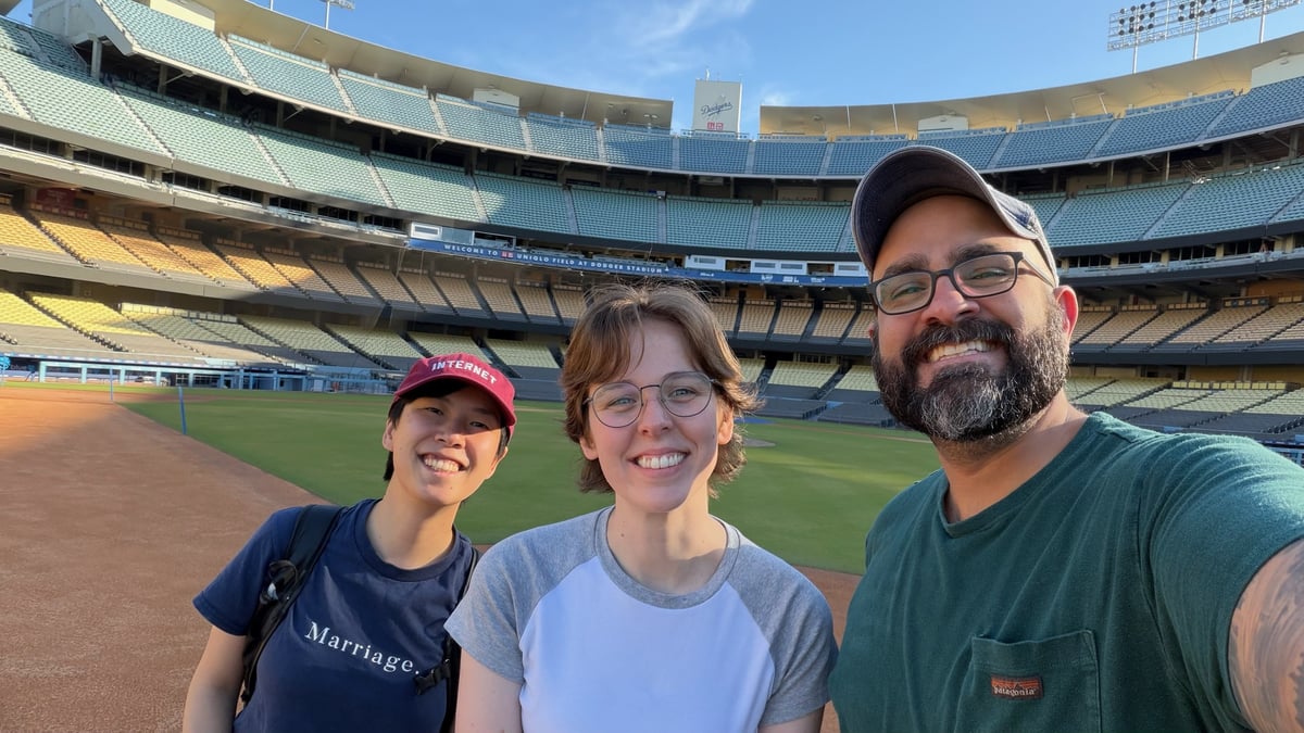 A team selfie on the Dodger Stadium field before the show.
