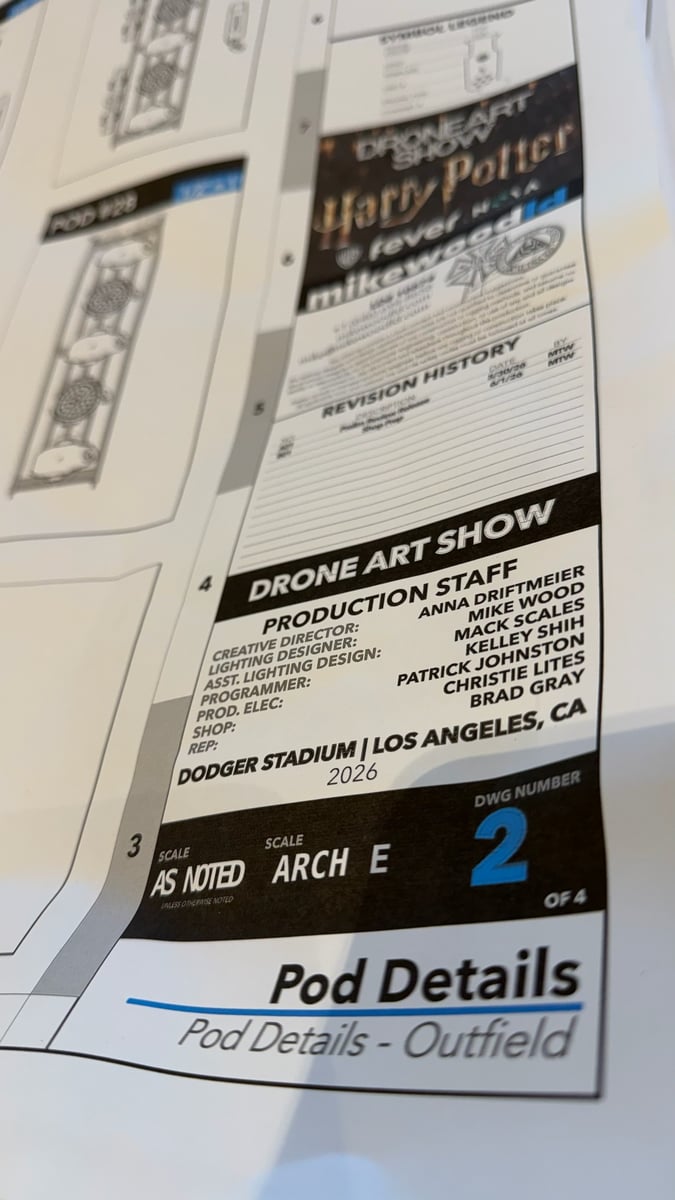 The drone show production schedule and outfield pod details.