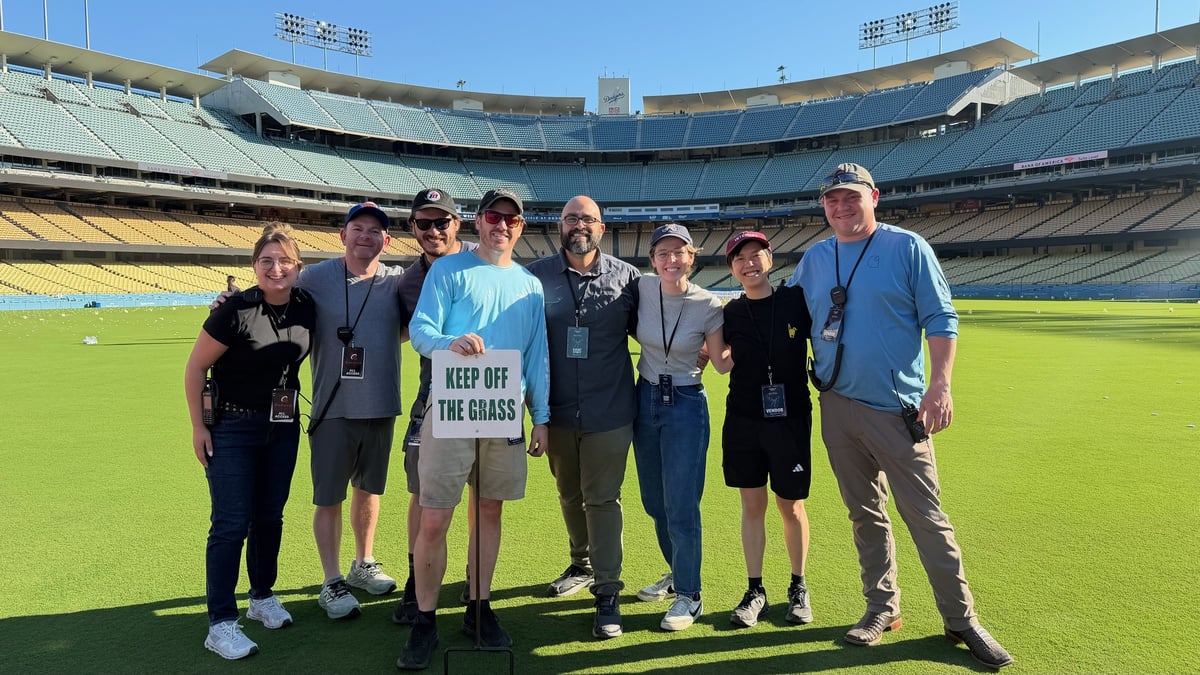 The team on the field at Dodger Stadium.