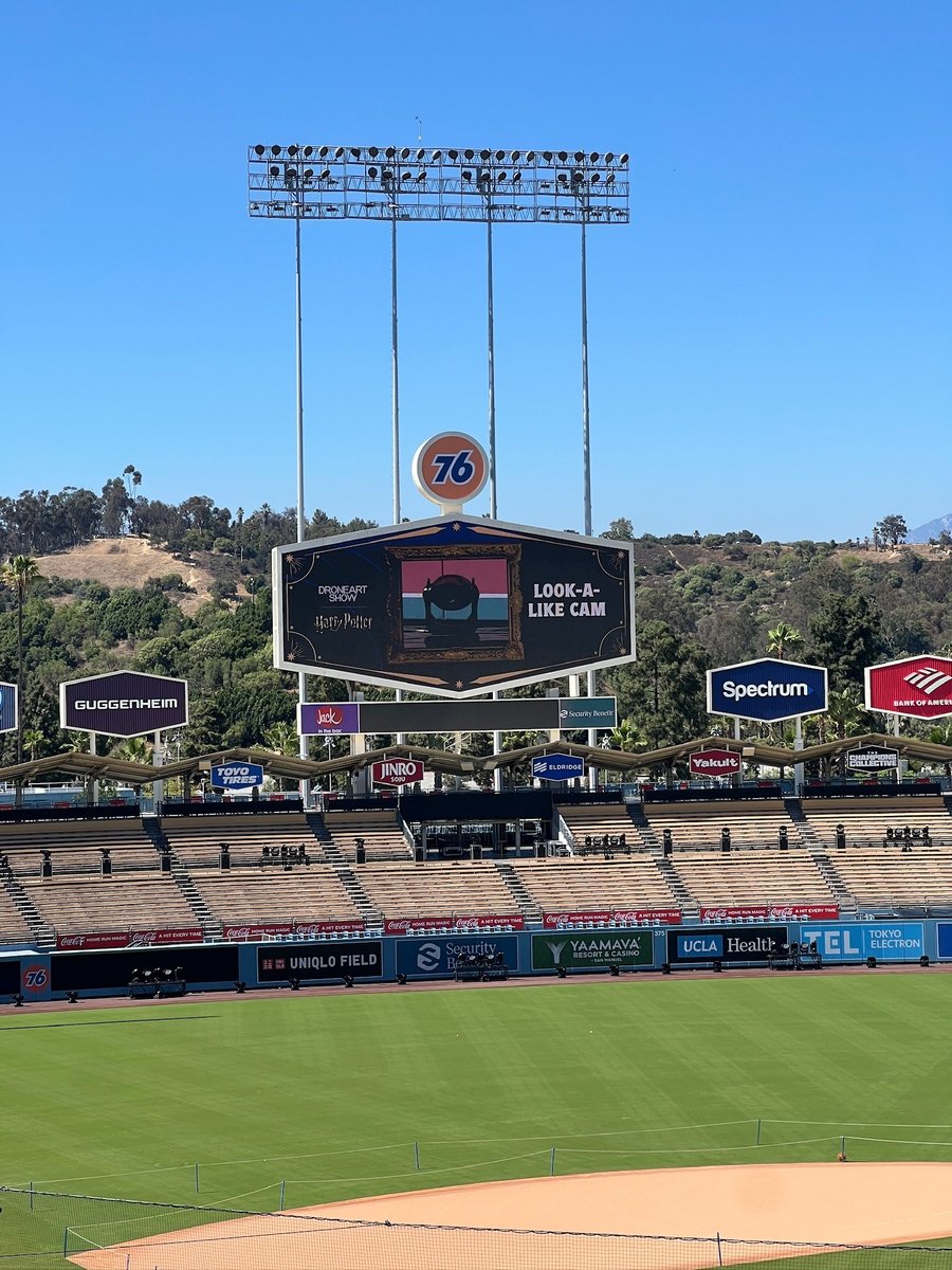 Daytime view of Dodger Stadium from the field before load-in.