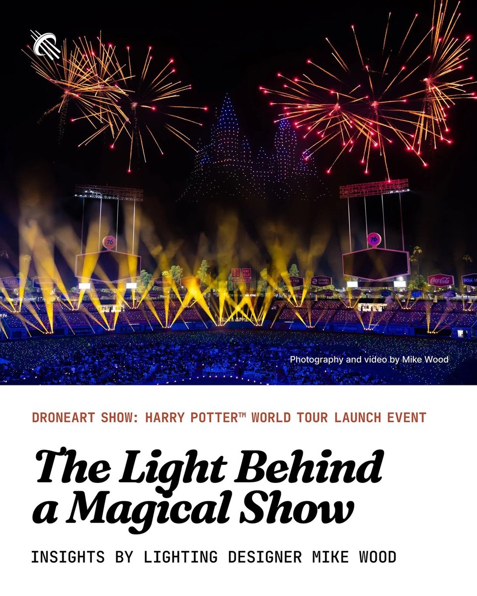 Christie Lites carousel cover titled The Light Behind a Magical Show, with fireworks and the drone castle over Dodger Stadium