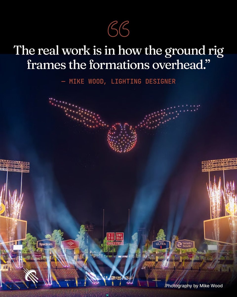 Christie Lites quote card with the Golden Snitch drone formation flying over the stadium rig
