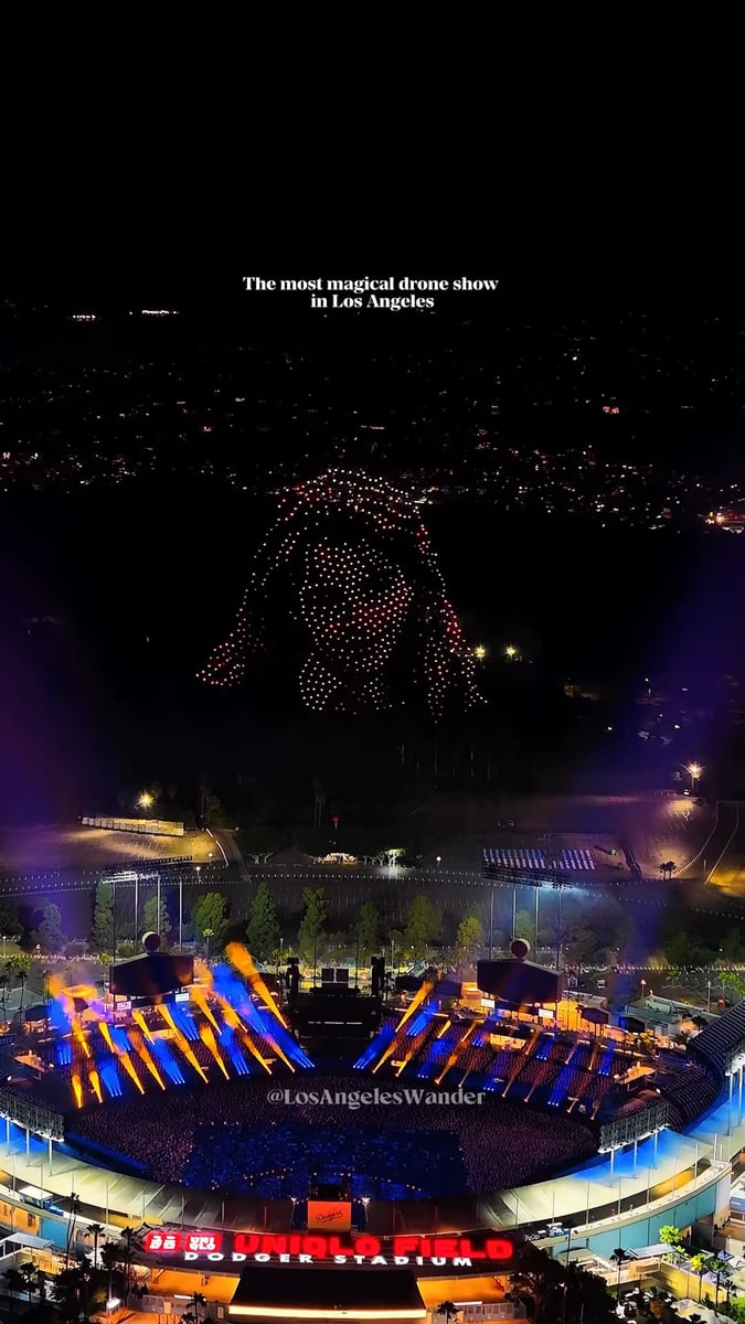 Aerial view of Dodger Stadium during the drone show, titled The most magical drone show in Los Angeles