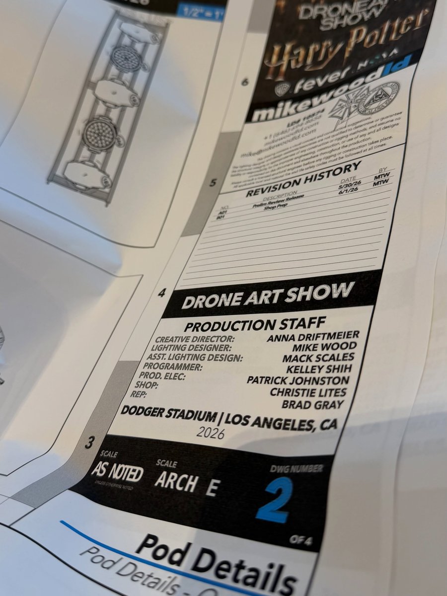The printed light plot title block for the Drone Art Show with the production staff listing