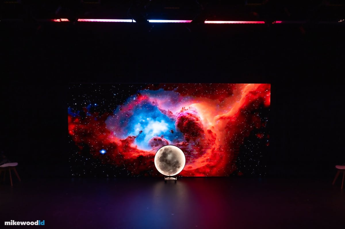 The House of Future Memory, Colorforce II-72 backlight live-mapped to the AI-generated video content upstage.