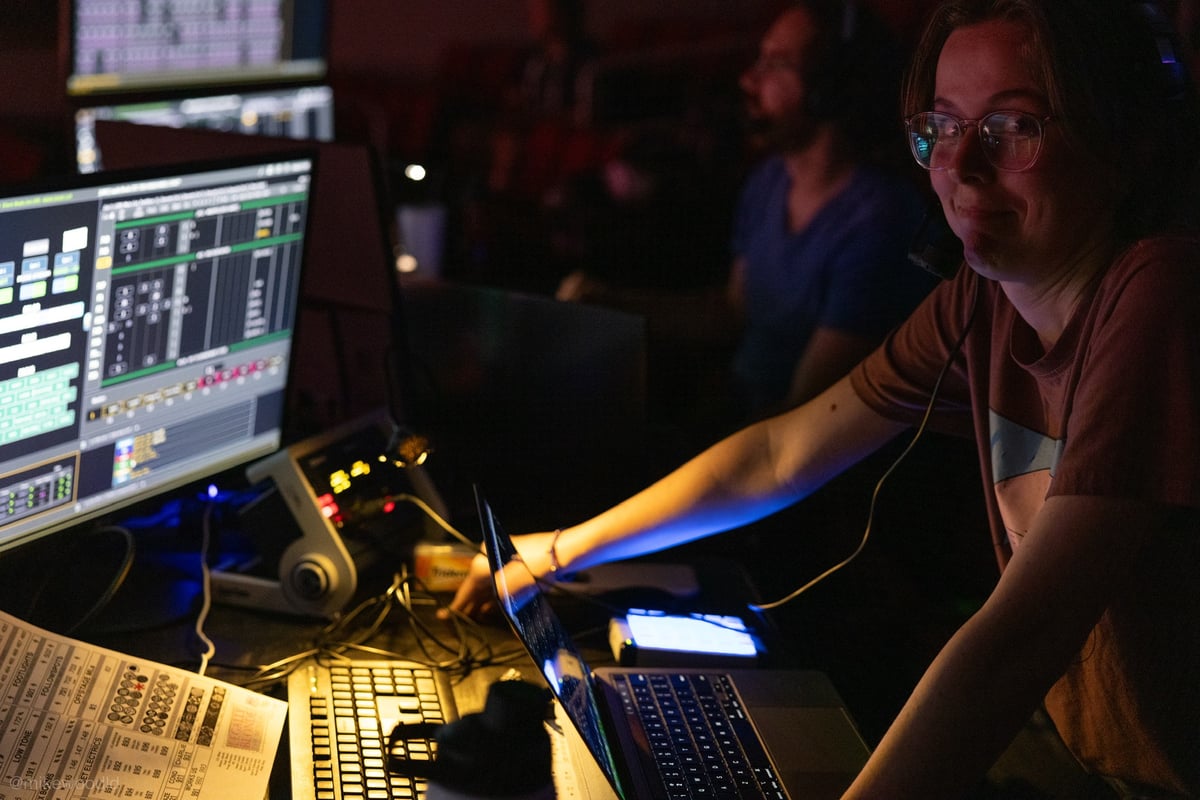 The team programming at the Eos console during tech.