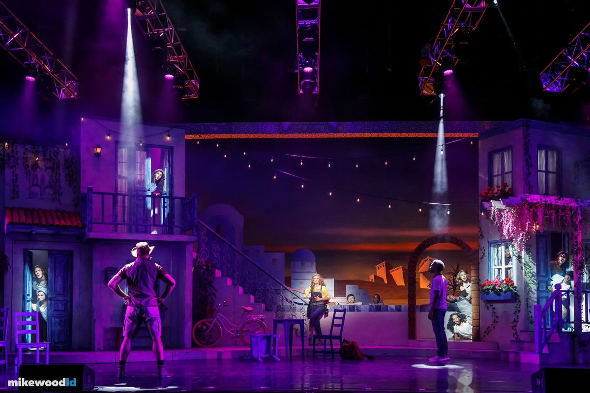Mamma Mia!, outdoor concert rig lighting City Springs' first post-COVID show at the Ameris Bank Amphitheatre.