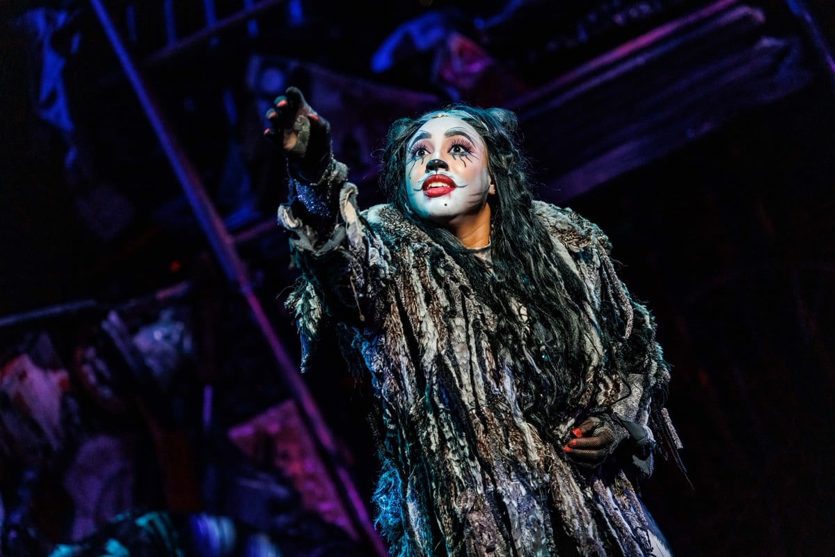Jalise Wilson as Grizabella reaches toward the light in her tattered grey coat