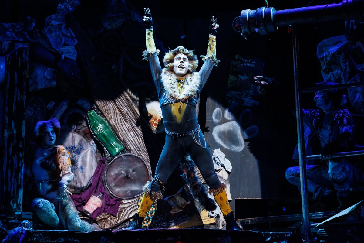 Spencer Dean as Rum Tum Tugger with arms raised in a spotlight on the junkyard set