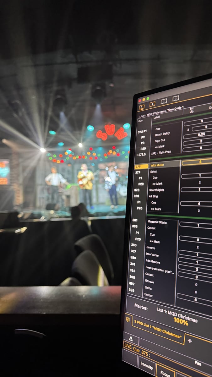 The cue list on the tech monitor as the band plays under the holiday rig.