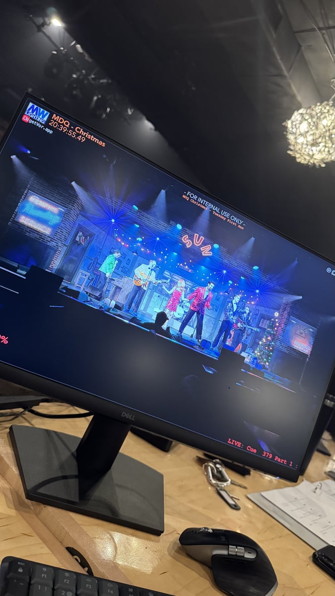 A live camera feed of the band onstage at the tech table.