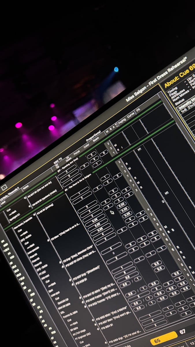The Eos cue list on a programming monitor during first dress rehearsal.