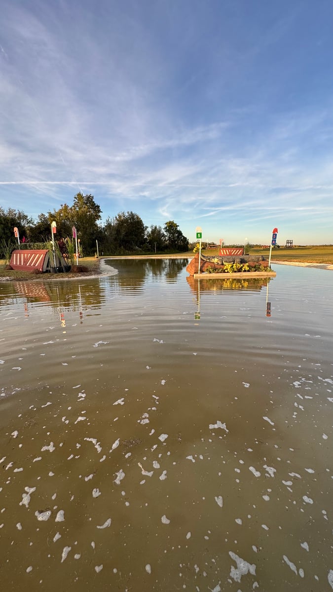 The cross country water complex at TerraNova at first light, with numbered jumps set in and around the pond.