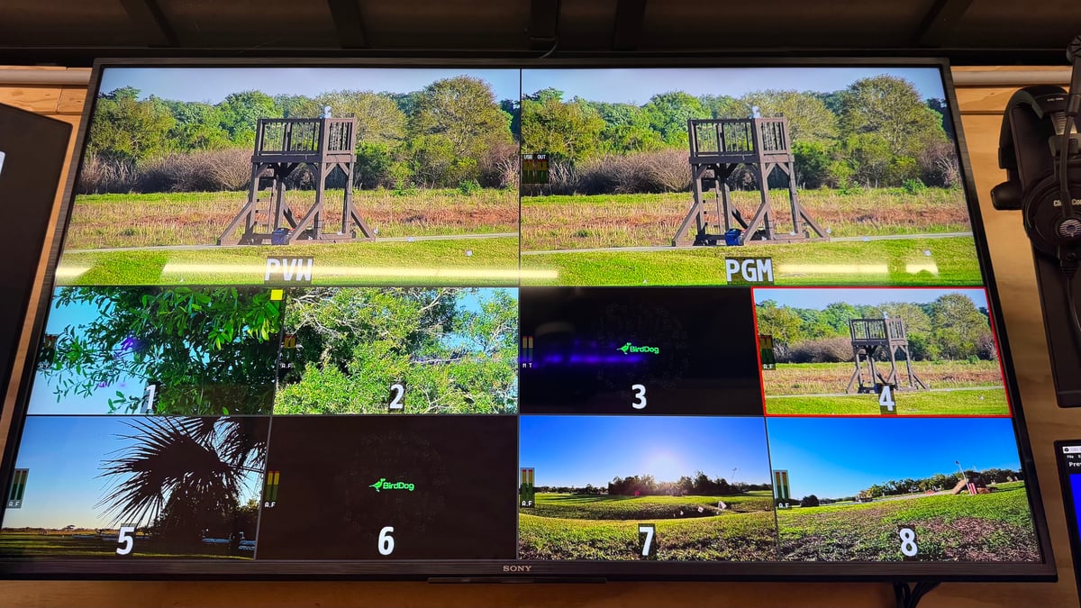 The video village: a multiview monitor showing program and preview feeds above eight camera sources from around the venue.
