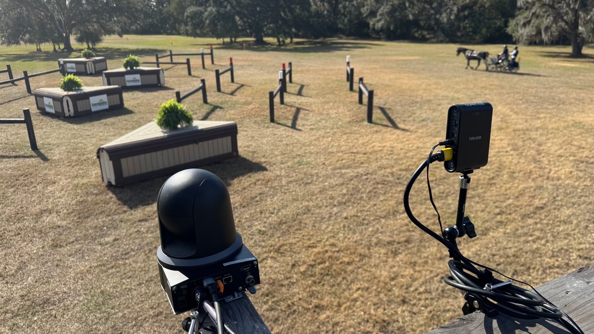 A PTZ camera and a Teradek receiver on stands out on the combined-driving course, with obstacles and a horse-drawn carriage in the distance.