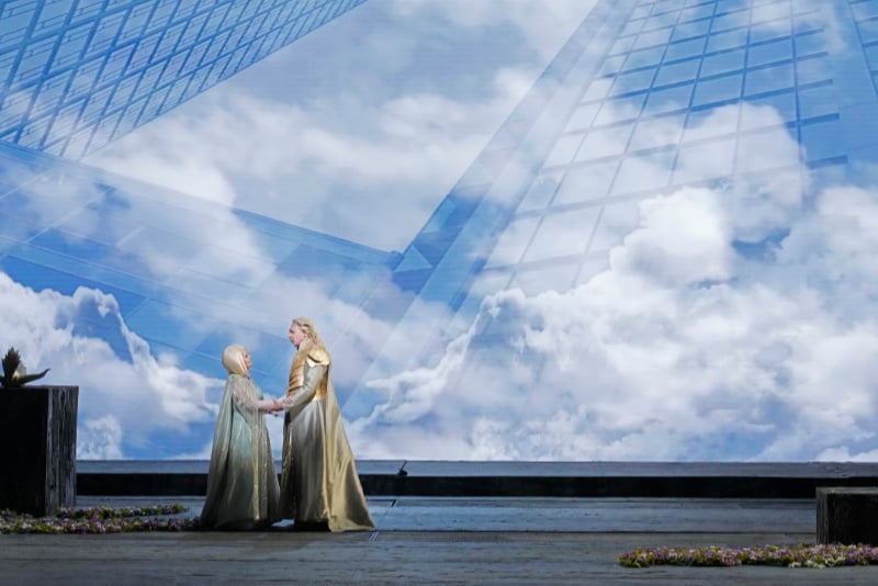 Wotan describes Valhalla as a modern skyscraper to Fricka in The Atlanta Opera Das Rheingold