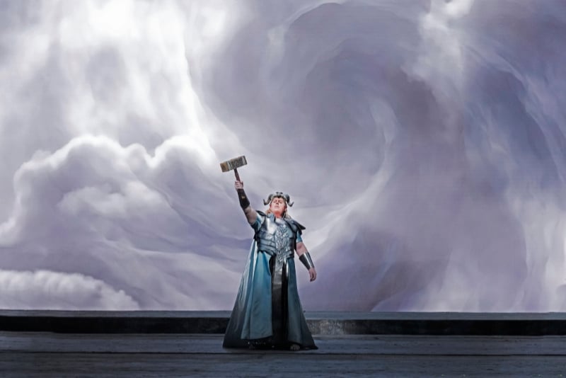 Joseph Barron as Donner summons a swirling thunderstorm in The Atlanta Opera Das Rheingold