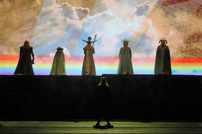 The gods ascend the rainbow bridge to Valhalla in The Atlanta Opera production of Das Rheingold