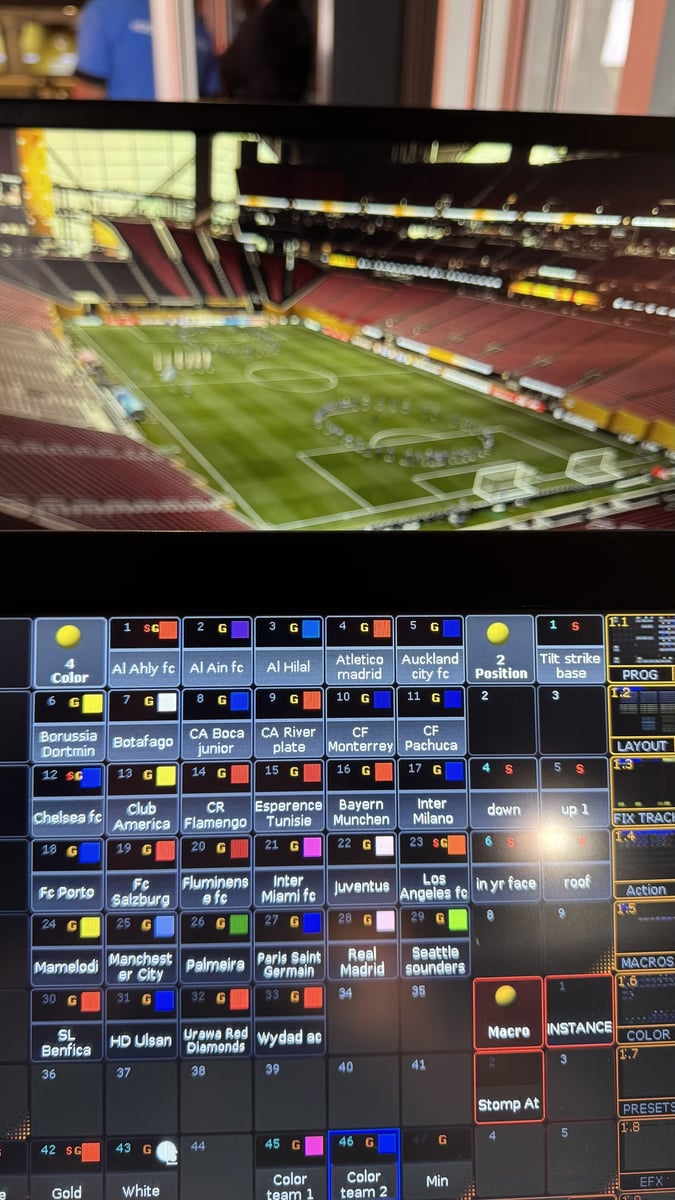 A grandMA2 layout view with a color-coded executor for each competing club in the FIFA Club World Cup, above a monitor of the teams lined up on the pitch.